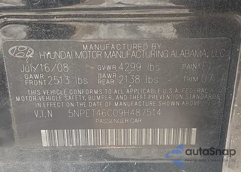 2009 Hyundai Sonata Gls z USA, uszkodzony, nr VIN 5NPET46C09H487514